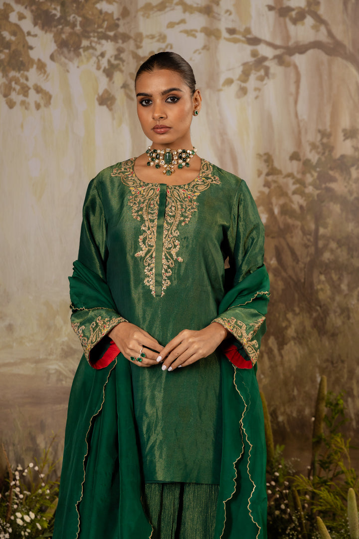 Emerald Green Tissue Embroidered Kurta Set