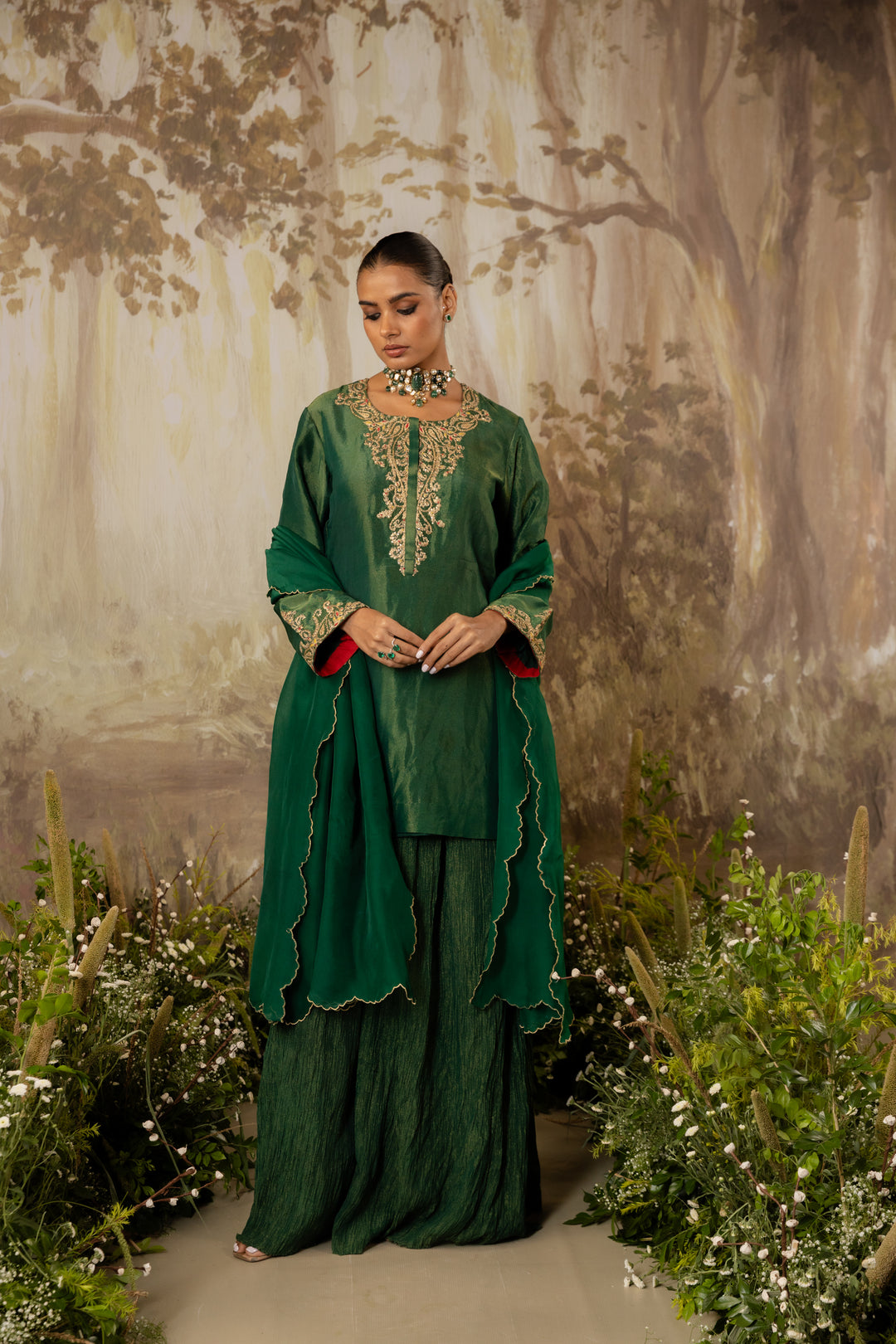 Emerald Green Tissue Embroidered Kurta Set