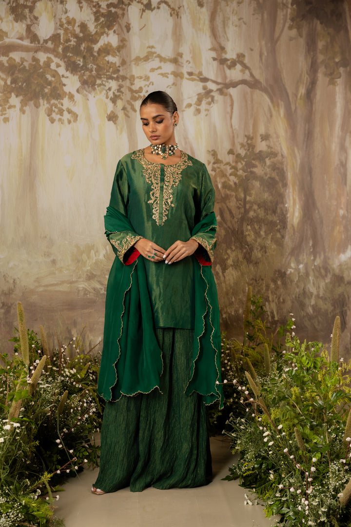 Emerald Green Tissue Embroidered Kurta Set