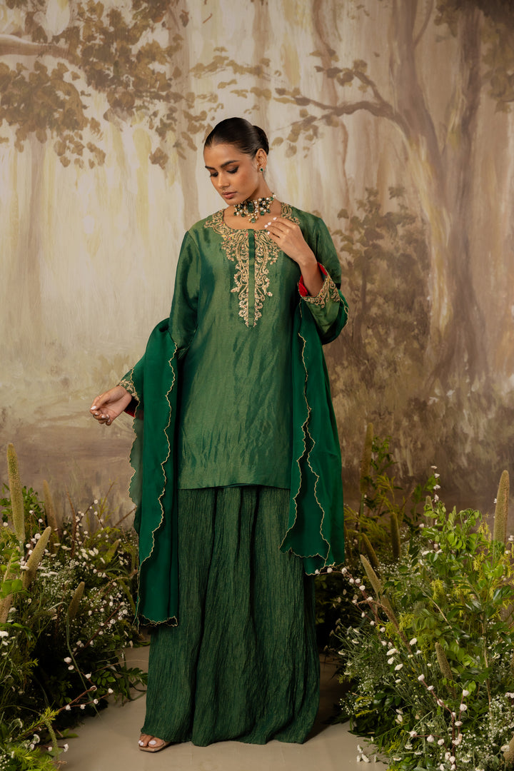 Emerald Green Tissue Embroidered Kurta Set