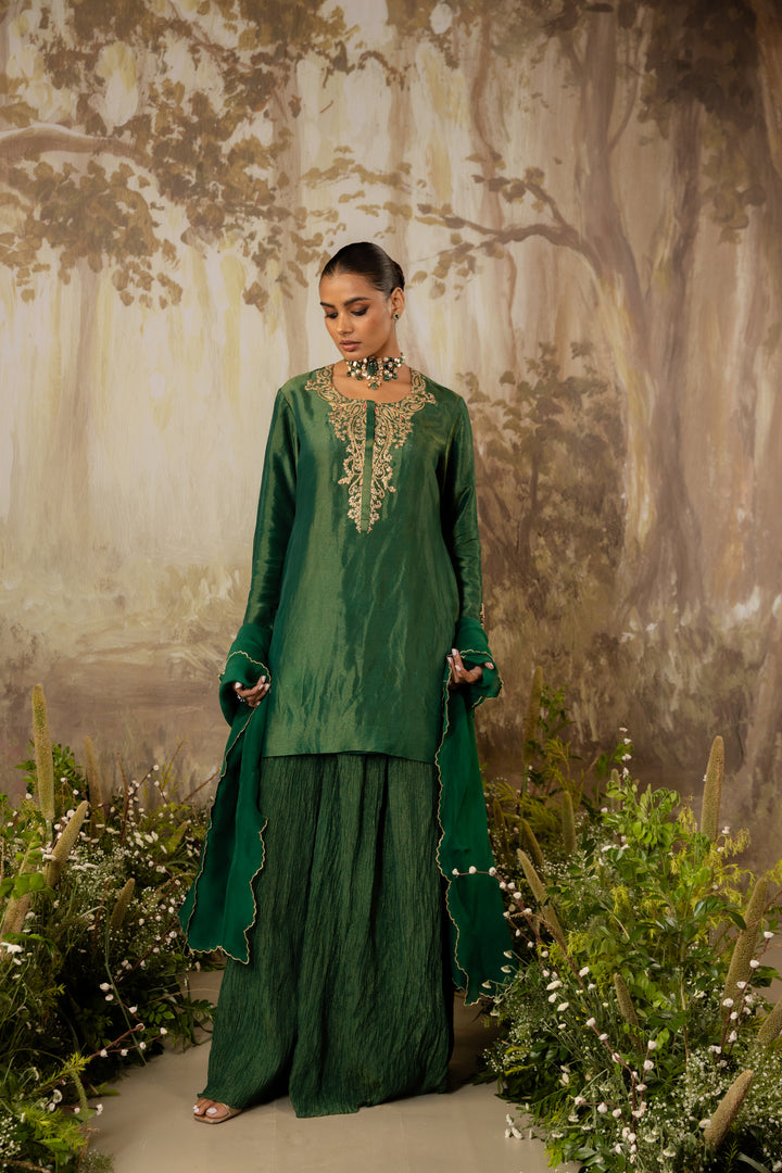 Emerald Green Tissue Embroidered Kurta Set