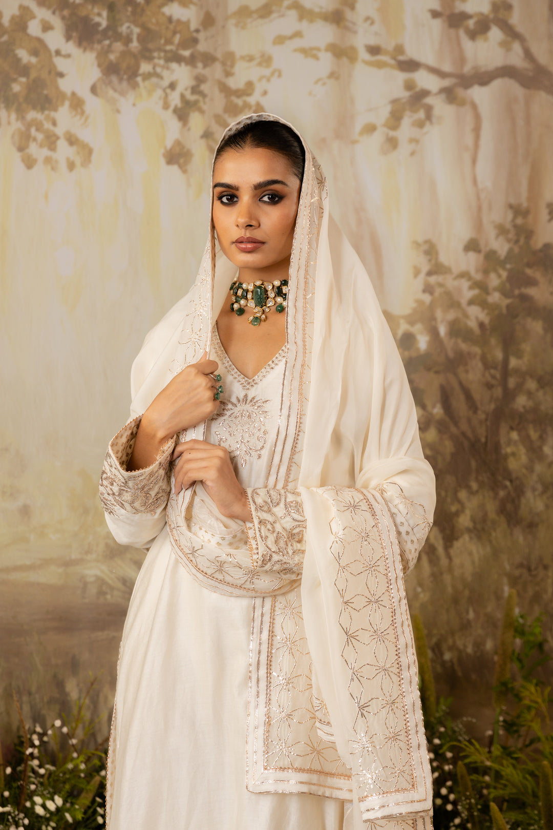 Ivory Chanderi Embroidered Kurta Set