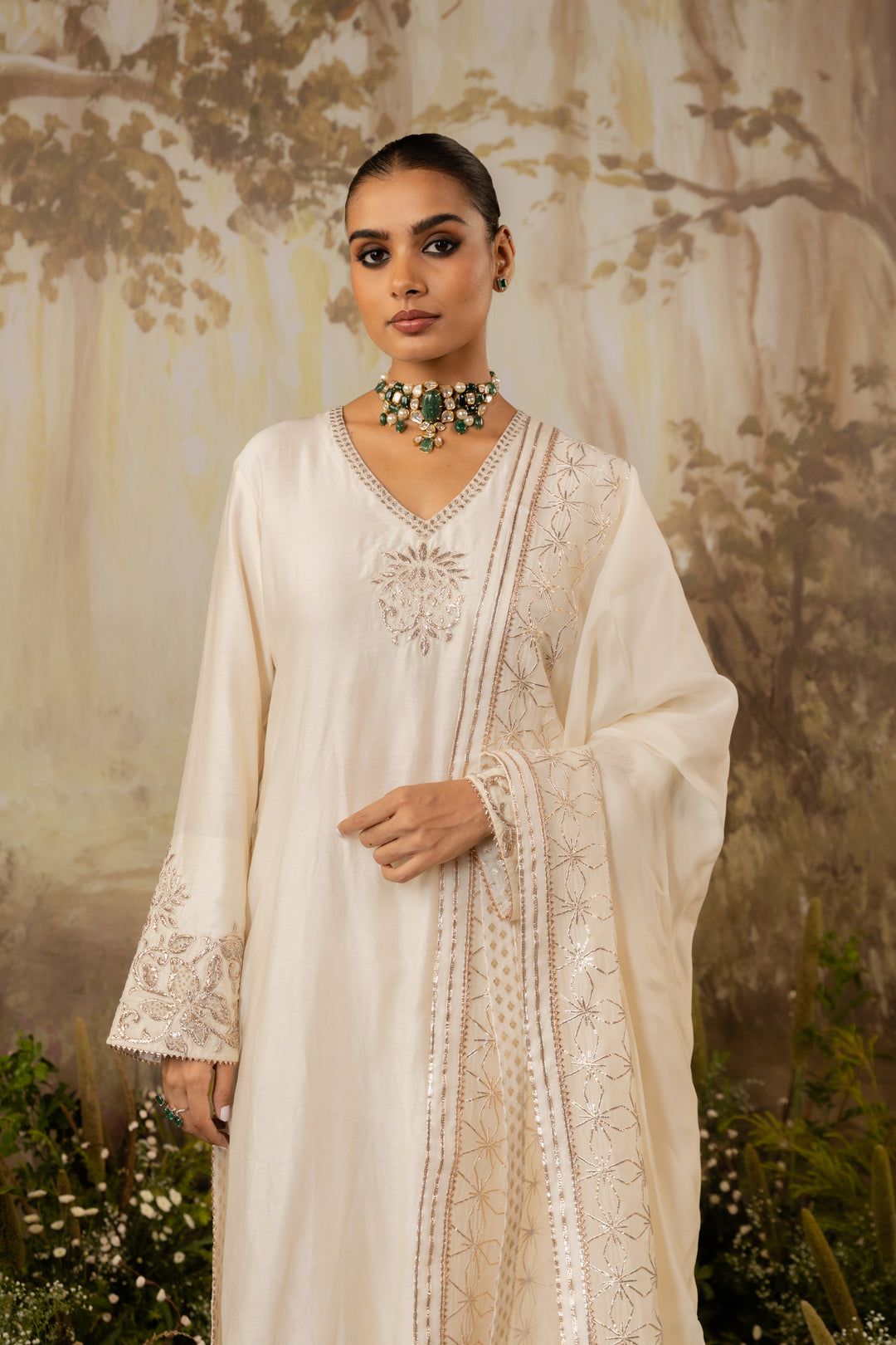 Ivory Chanderi Embroidered Kurta Set