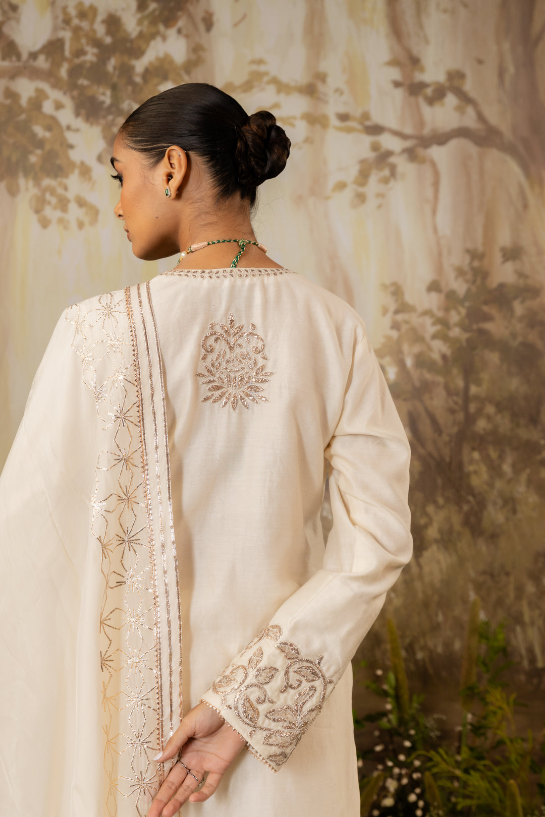 Ivory Chanderi Embroidered Kurta Set