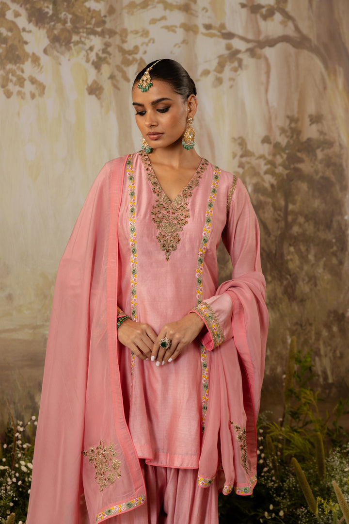 Soft Pink Embroidered Short Kurta Set