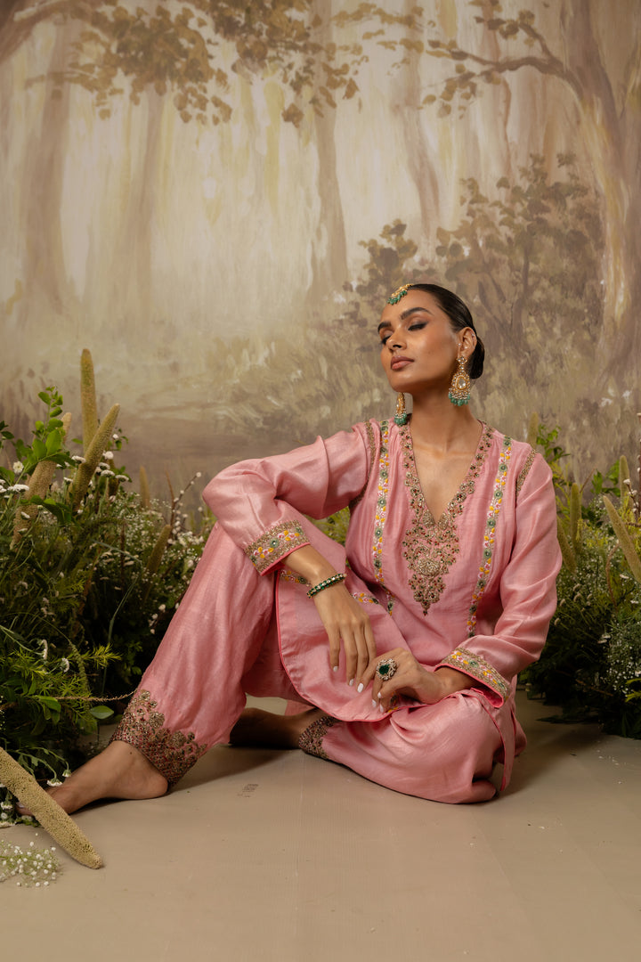 Soft Pink Embroidered Short Kurta Set