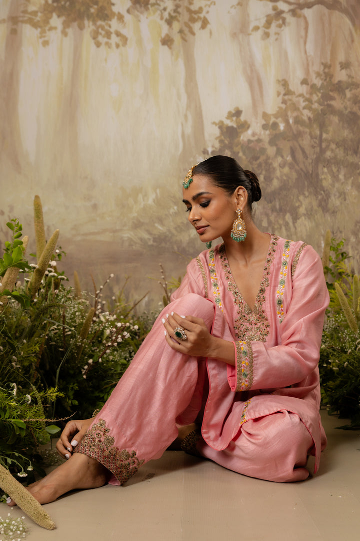 Soft Pink Embroidered Short Kurta Set