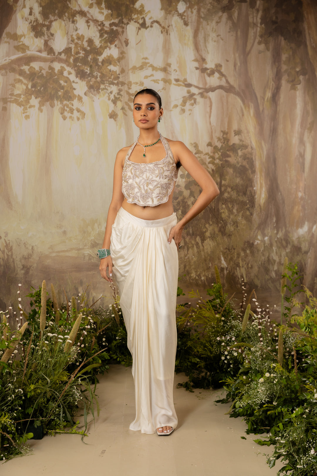 Ivory Embroidered Long Cape Set
