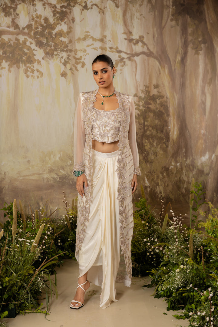 Ivory Embroidered Long Cape Set