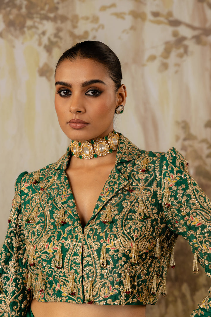 Emerald Green Tasseled Crop Jacket Set