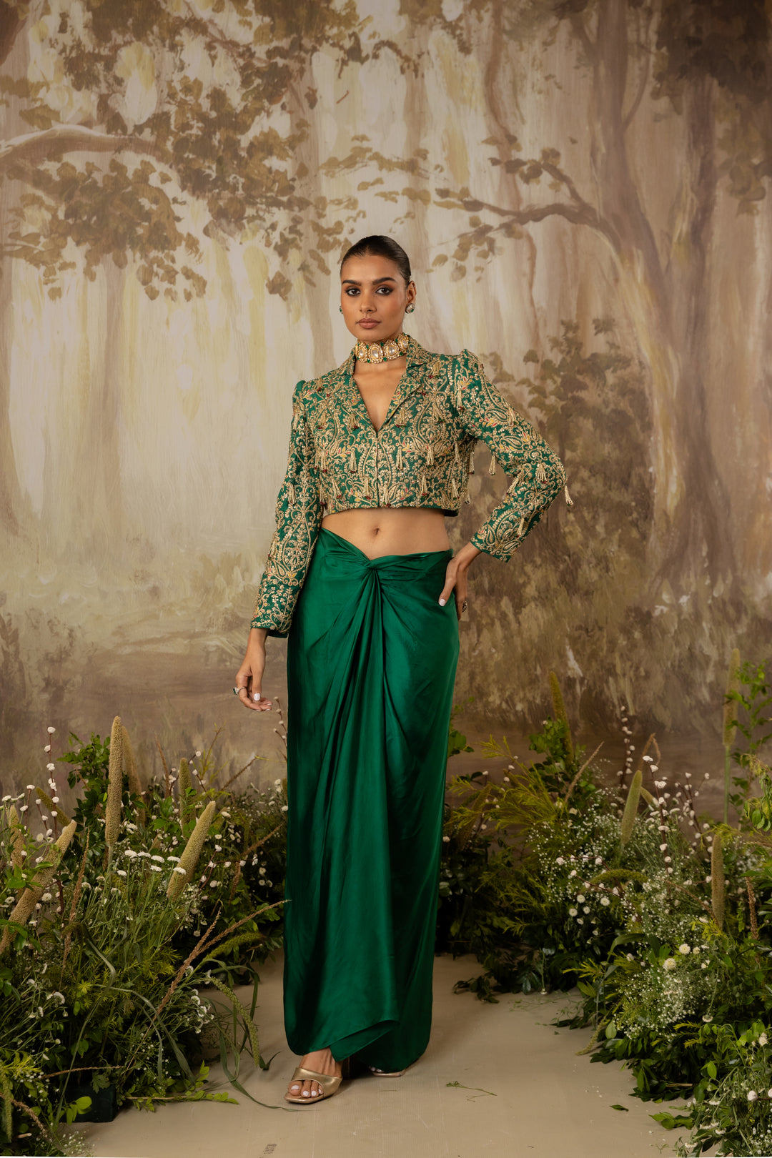 Emerald Green Tasseled Crop Jacket Set