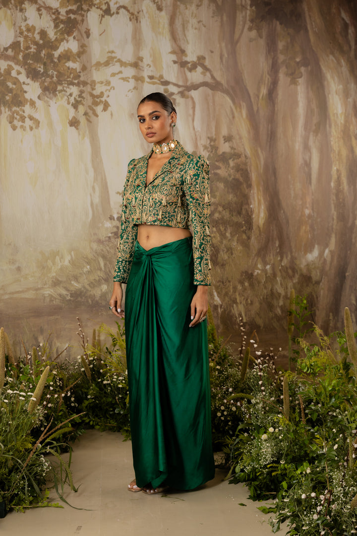 Emerald Green Tasseled Crop Jacket Set