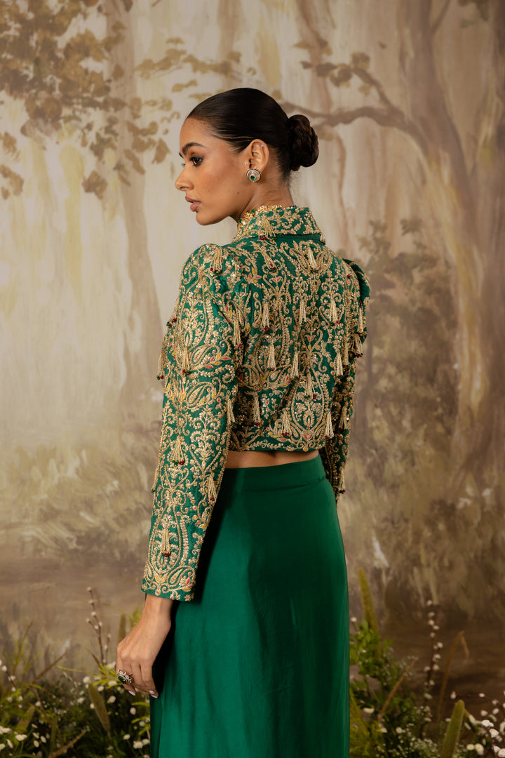 Emerald Green Tasseled Crop Jacket Set