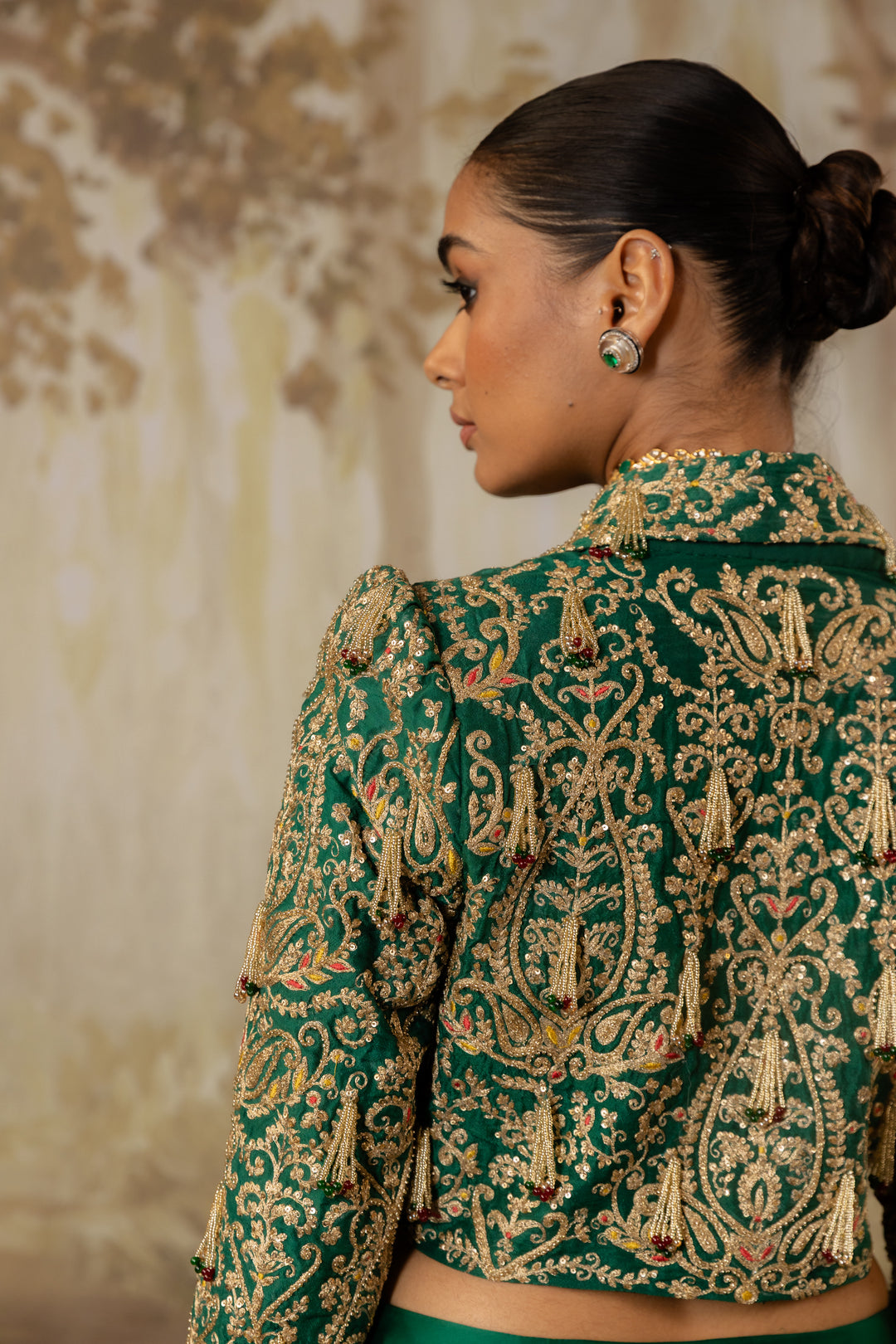 Emerald Green Tasseled Crop Jacket Set