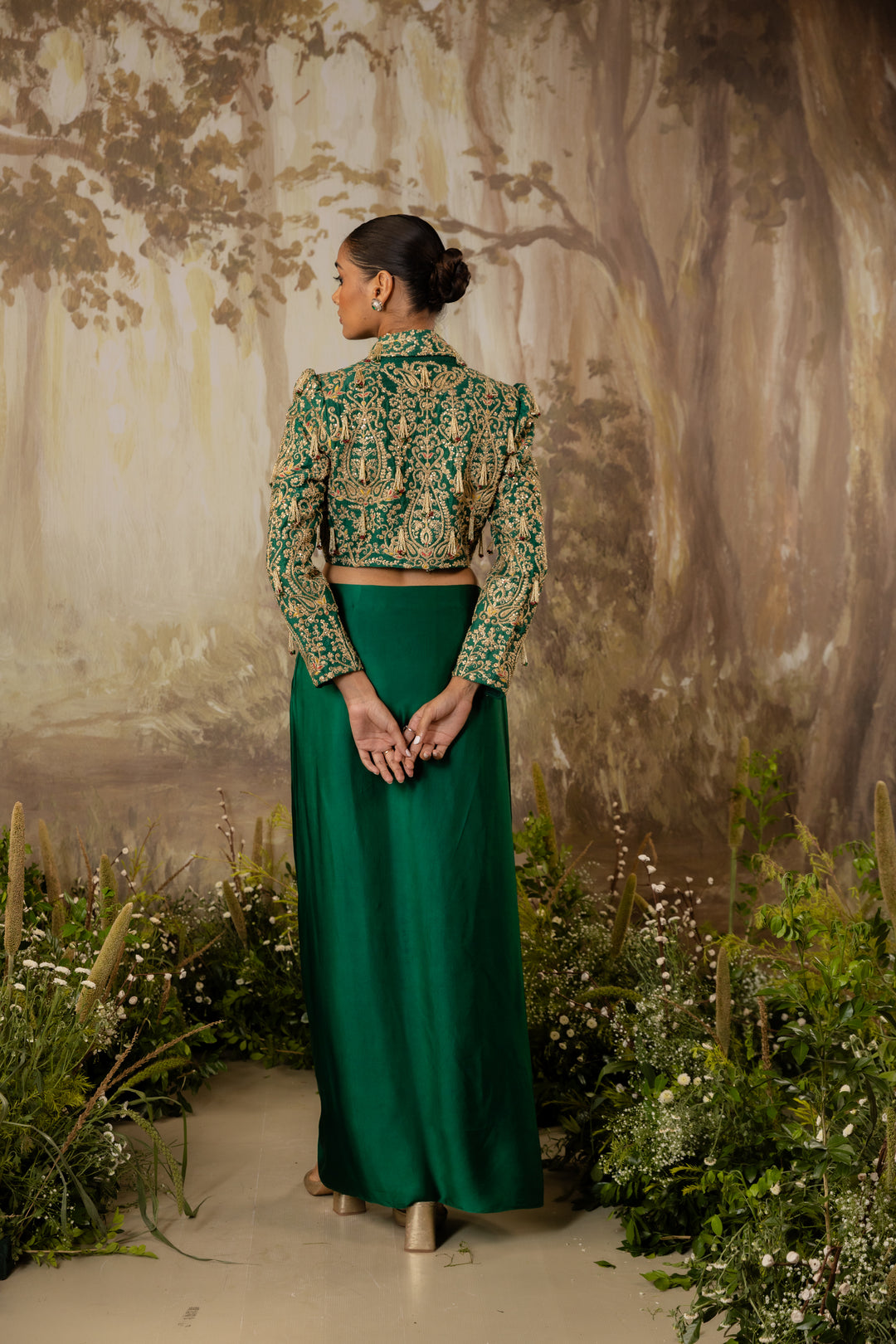Emerald Green Tasseled Crop Jacket Set
