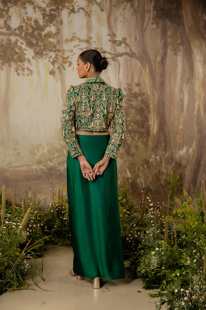 Emerald Green Tasseled Crop Jacket Set