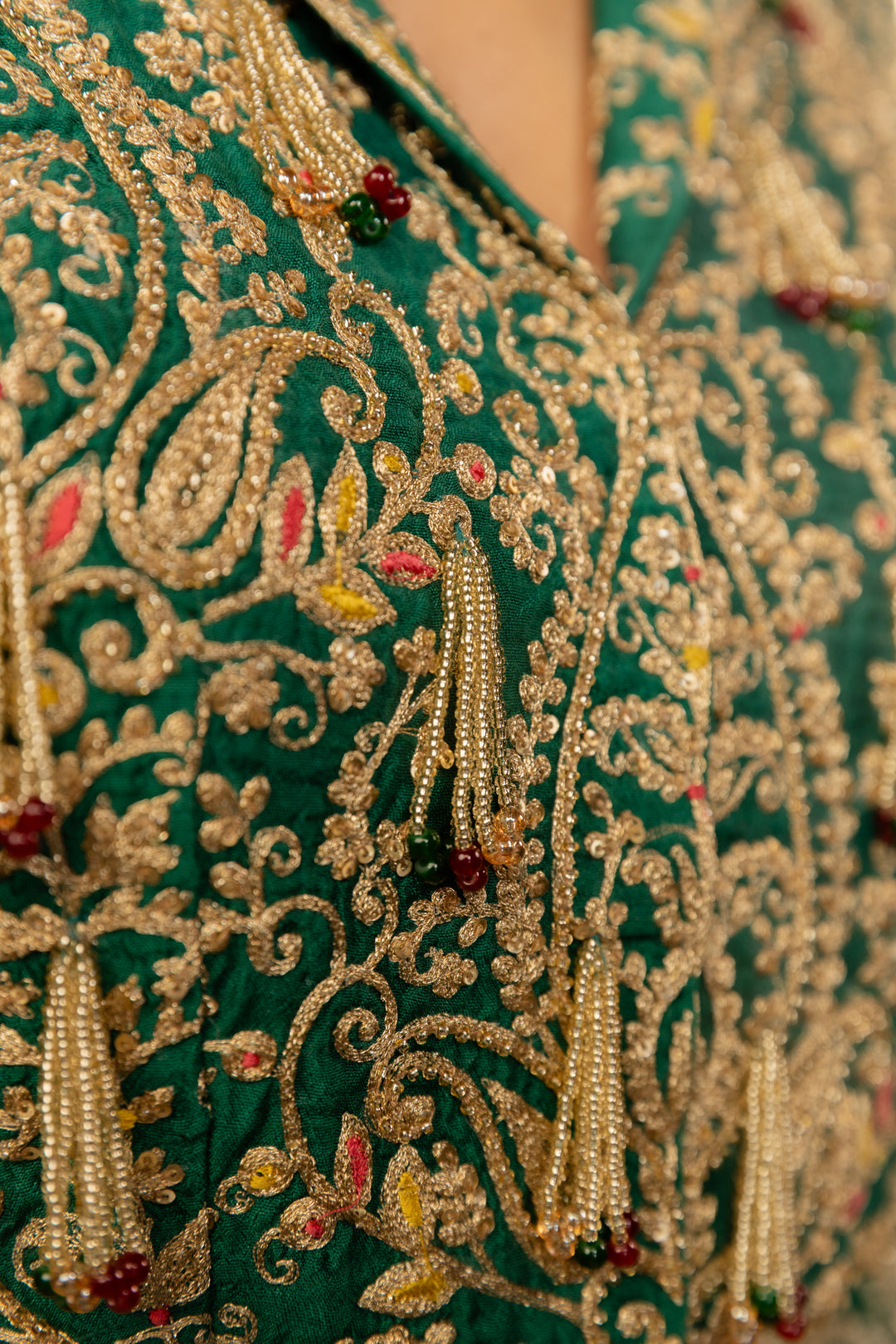 Emerald Green Tasseled Crop Jacket Set