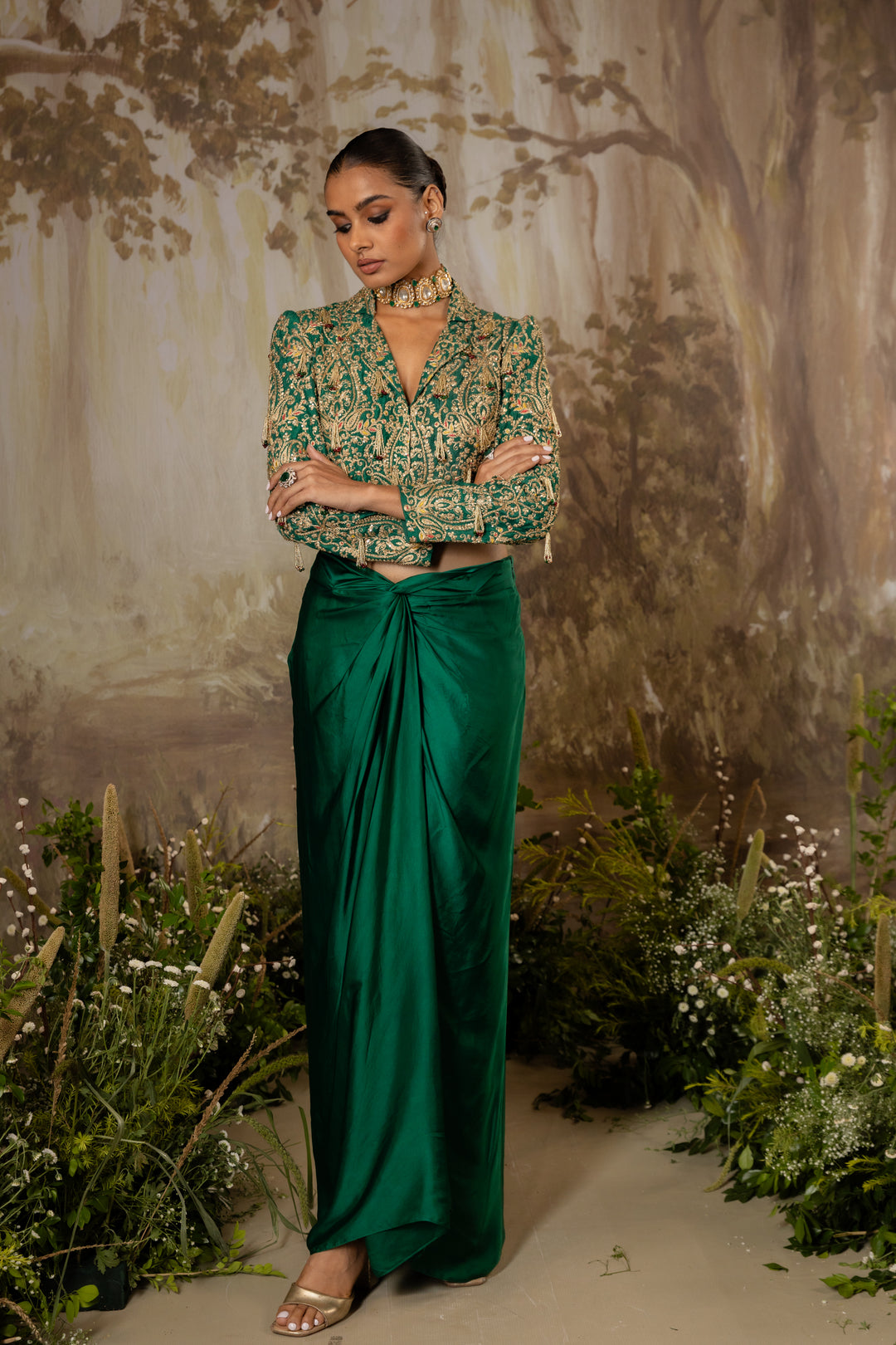 Emerald Green Tasseled Crop Jacket Set