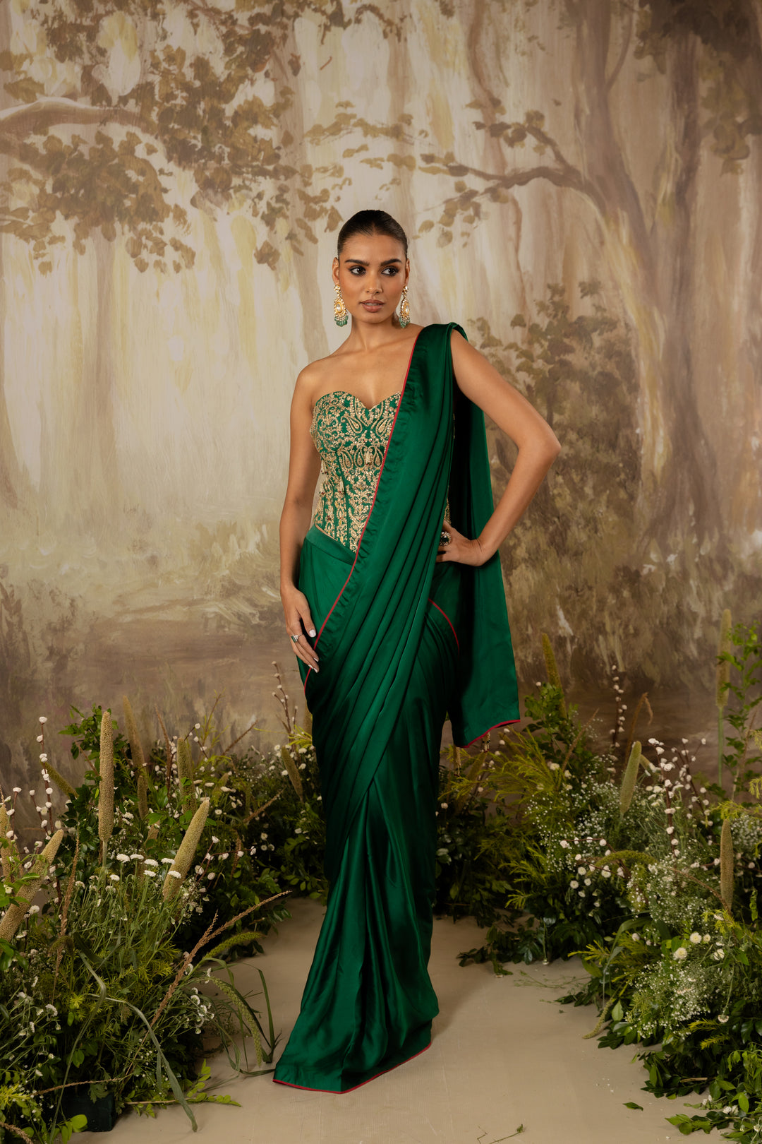 Emerald Green Heavy Corset Draped Saree Set