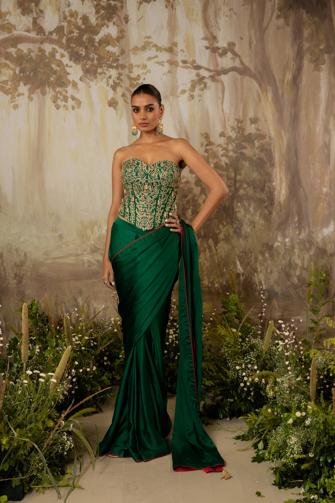 Emerald Green Heavy Corset Draped Saree Set