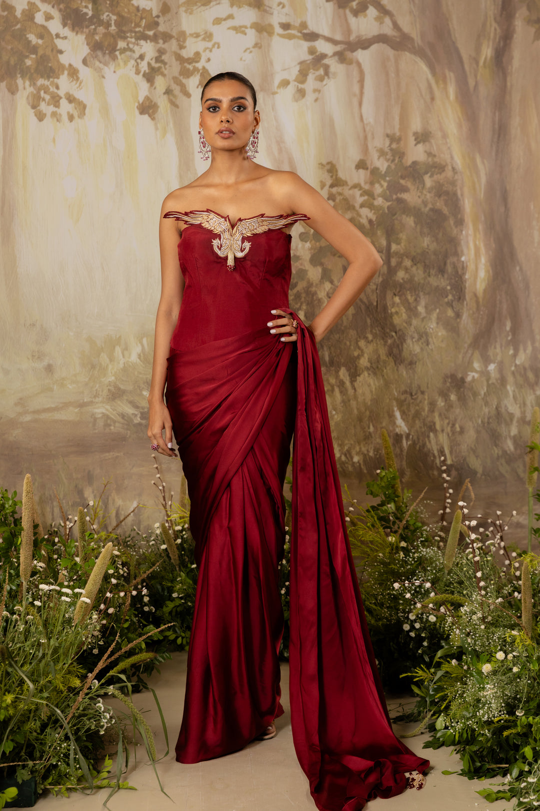 Deep Red Corset Draped Saree Set