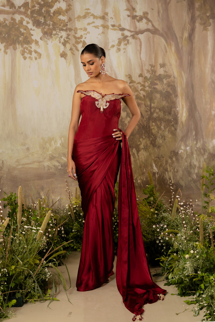 Deep Red Corset Draped Saree Set