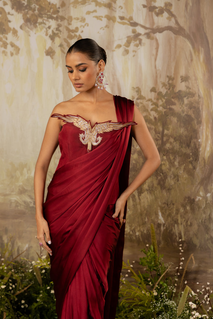 Deep Red Corset Draped Saree Set