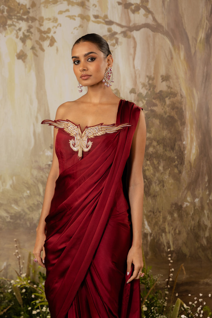 Deep Red Corset Draped Saree Set