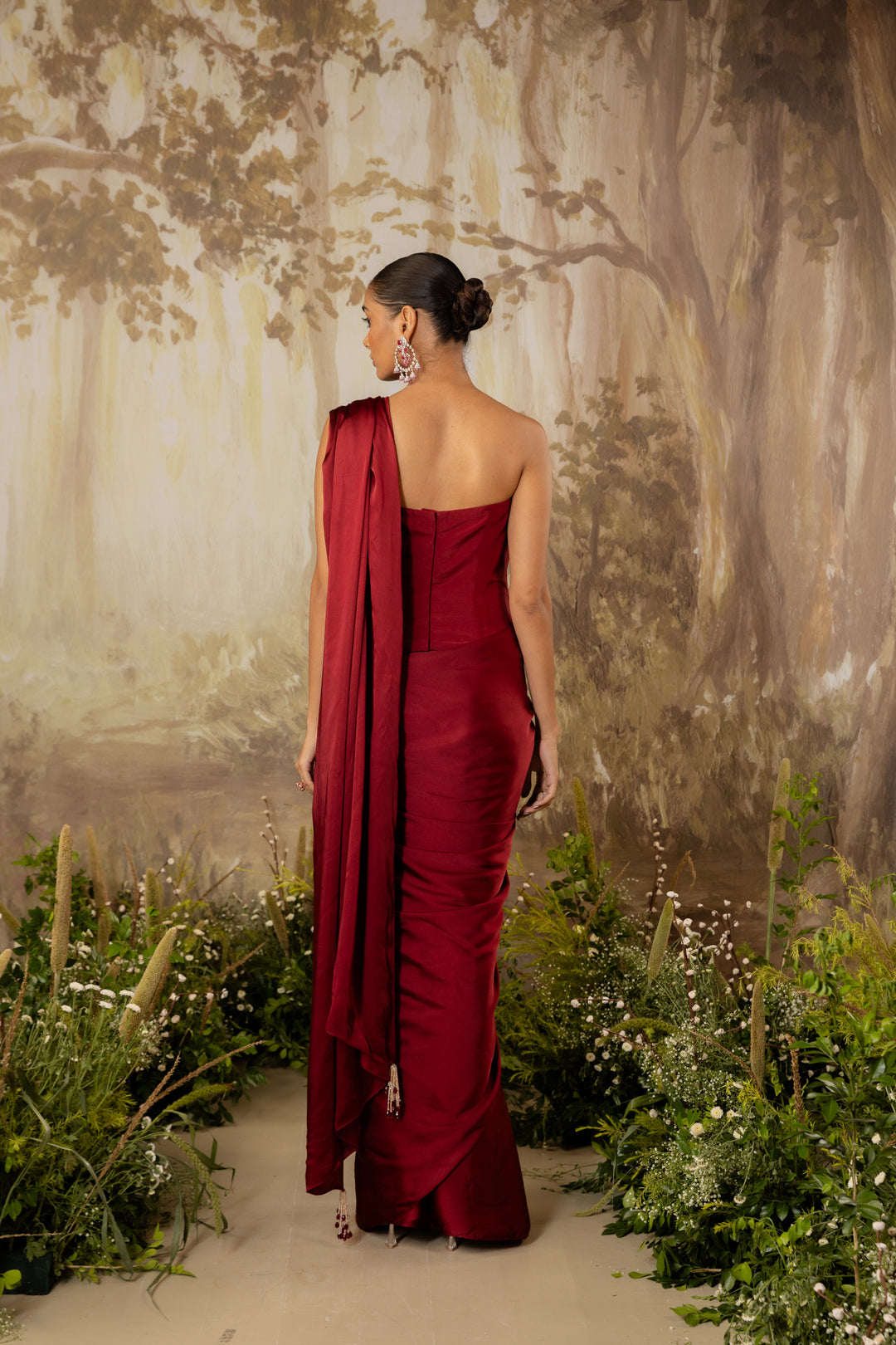 Deep Red Corset Draped Saree Set