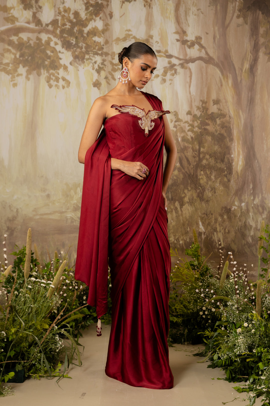 Deep Red Corset Draped Saree Set