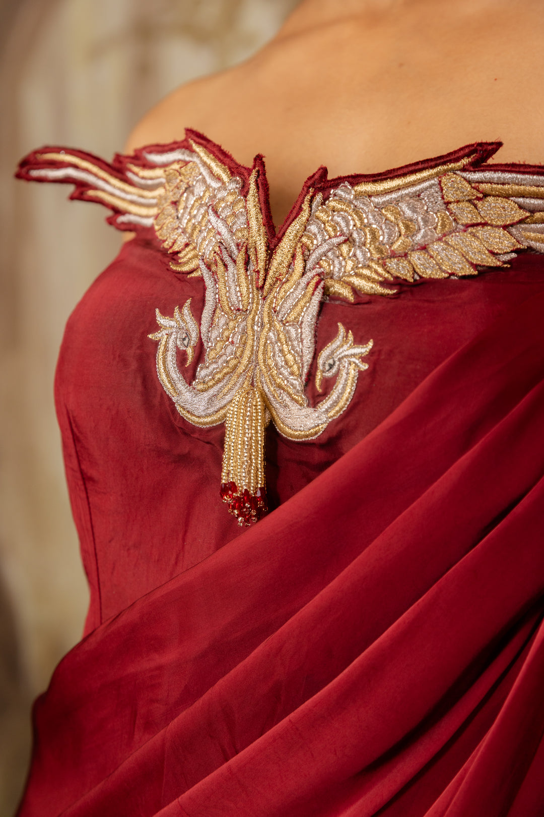 Deep Red Corset Draped Saree Set
