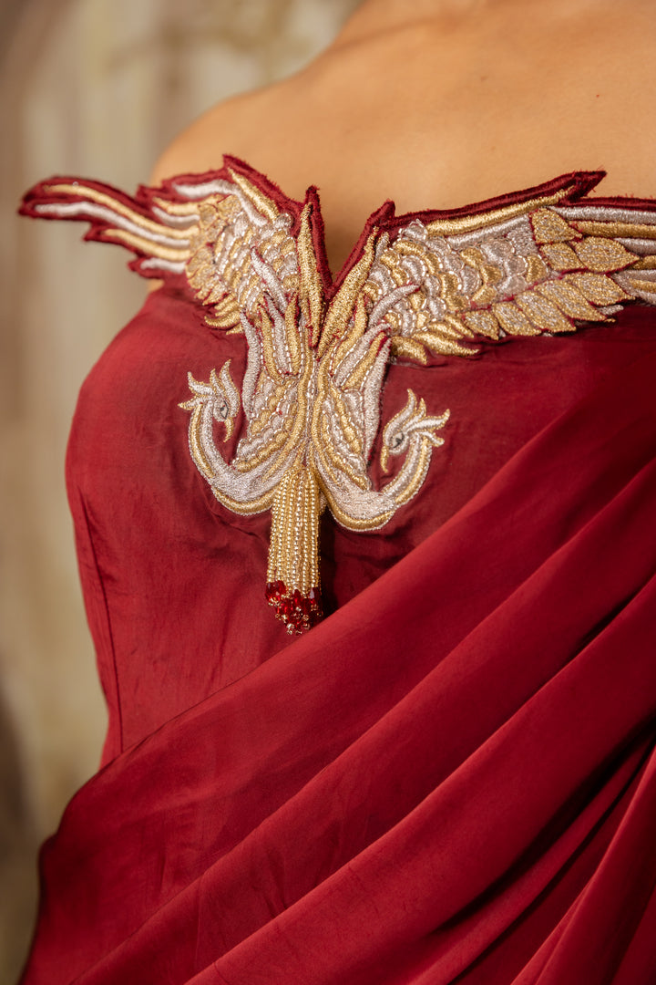 Deep Red Corset Draped Saree Set