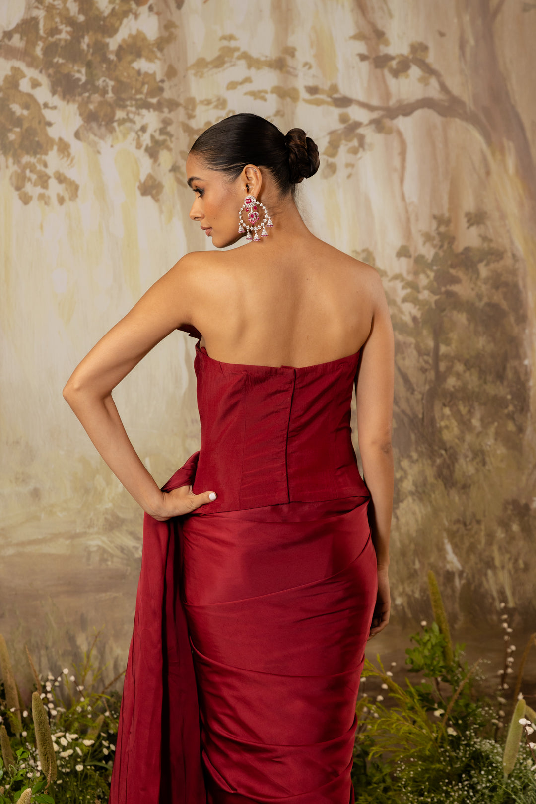 Deep Red Corset Draped Saree Set
