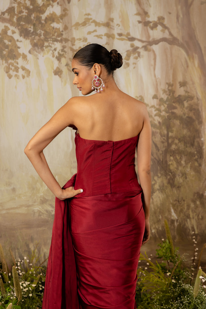 Deep Red Corset Draped Saree Set