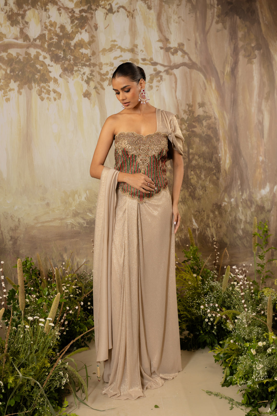 Gold Champagne Heavy Corset Draped Saree Set