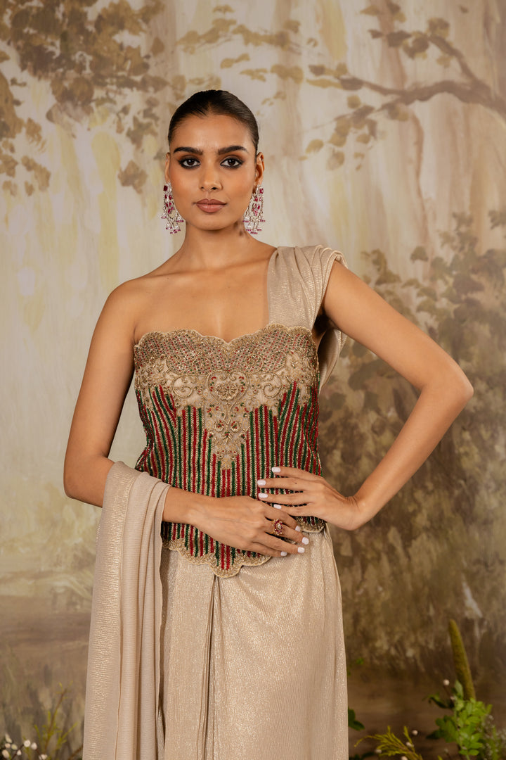 Gold Champagne Heavy Corset Draped Saree Set