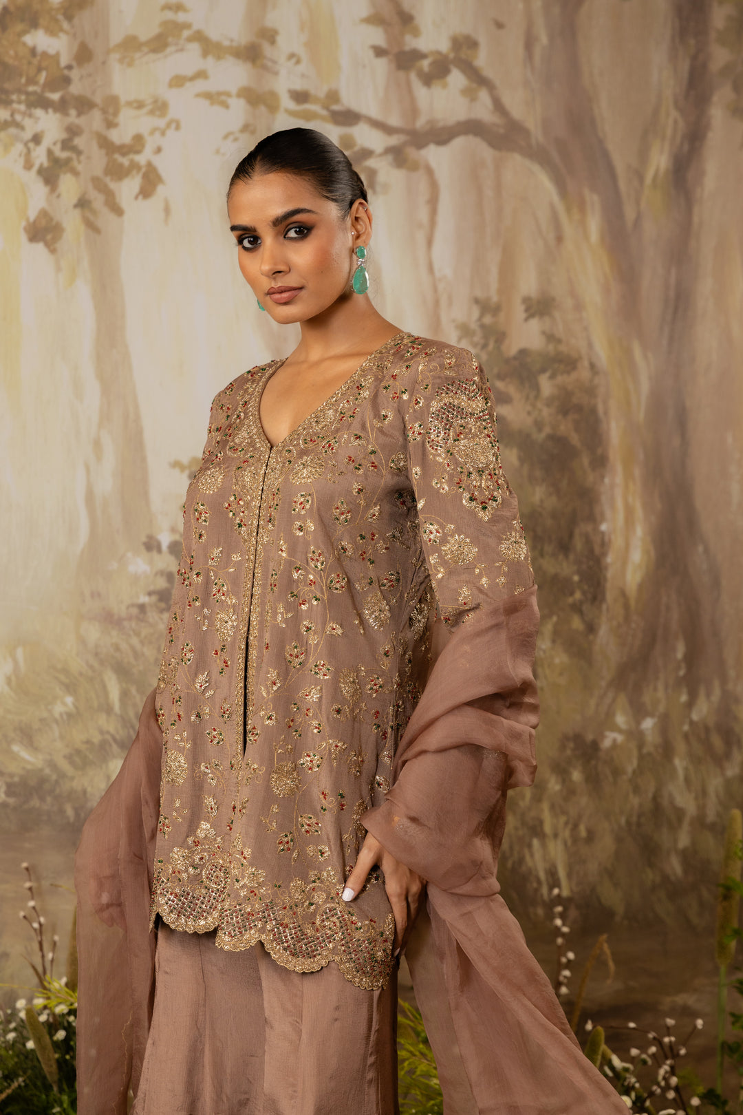 Mocha Embroidered Jacket Set