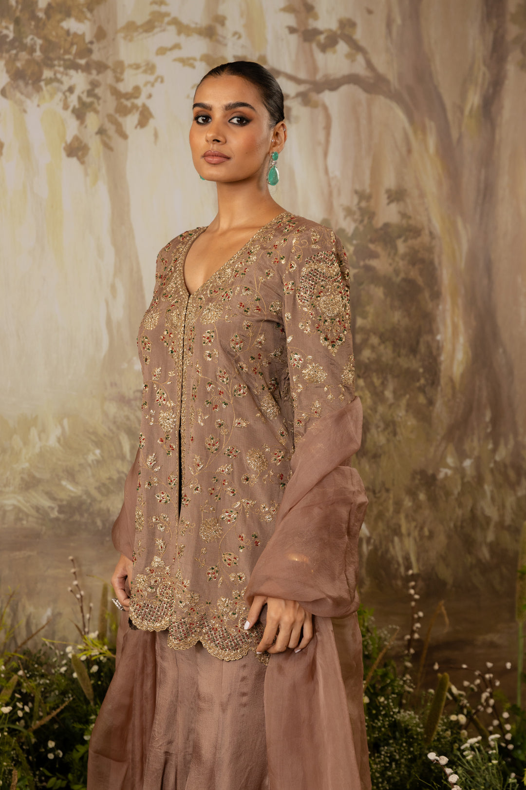 Mocha Embroidered Jacket Set