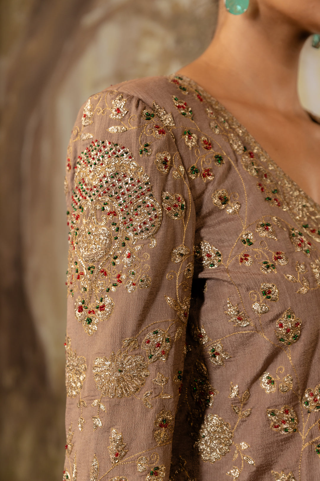 Mocha Embroidered Jacket Set