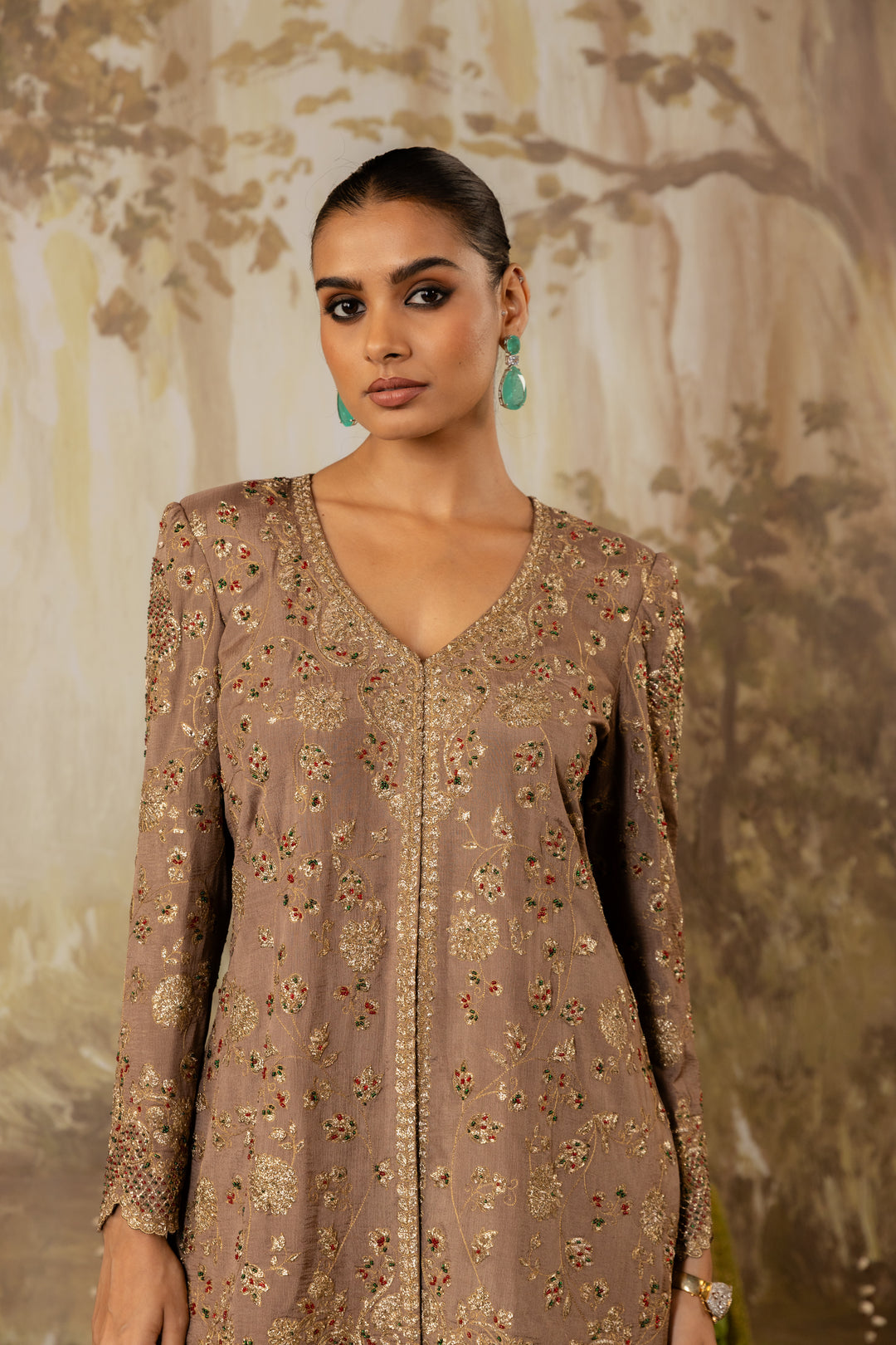 Mocha Embroidered Jacket Set