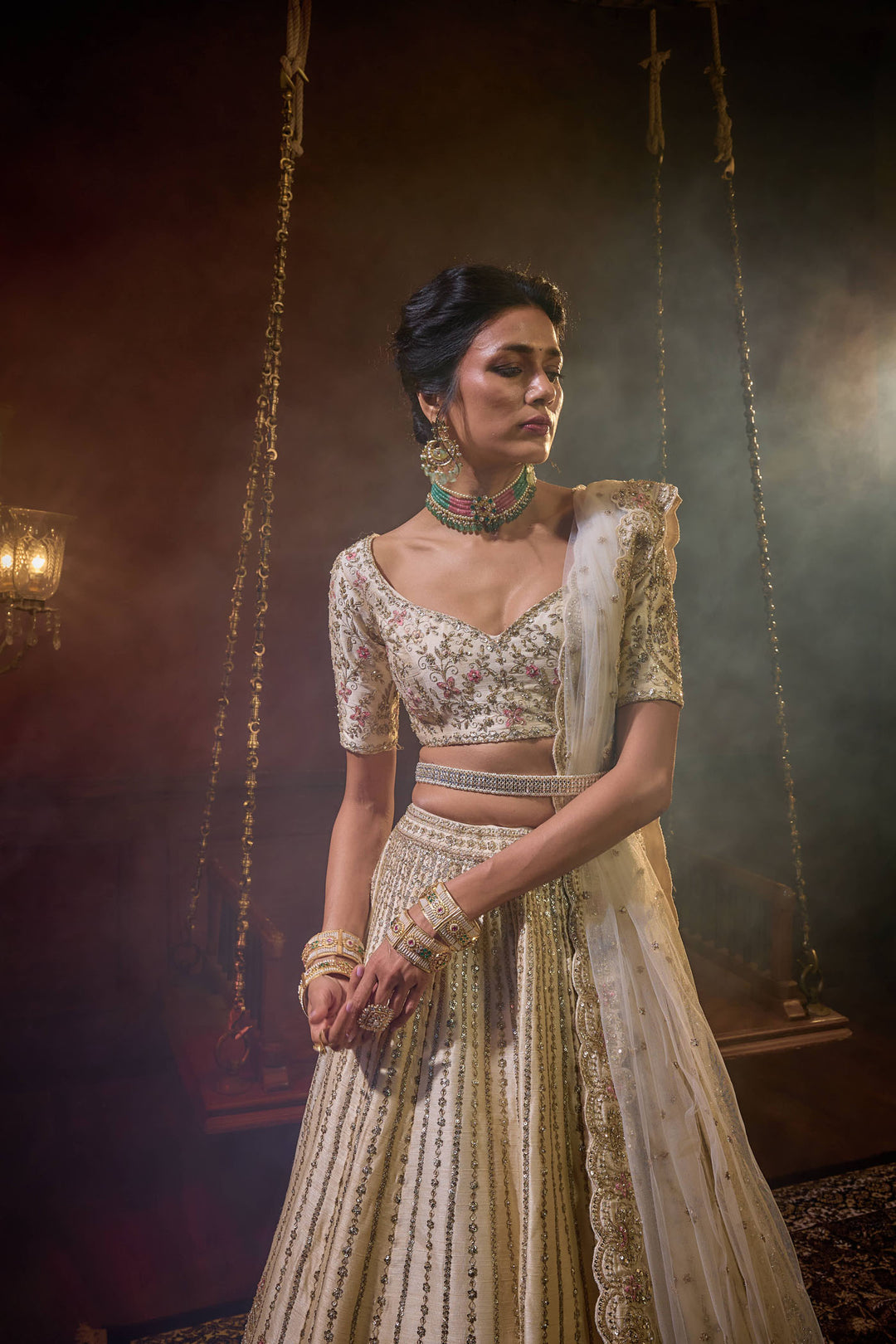 Ivory Raw Silk Hand & Machine Embroidered Lehenga Set