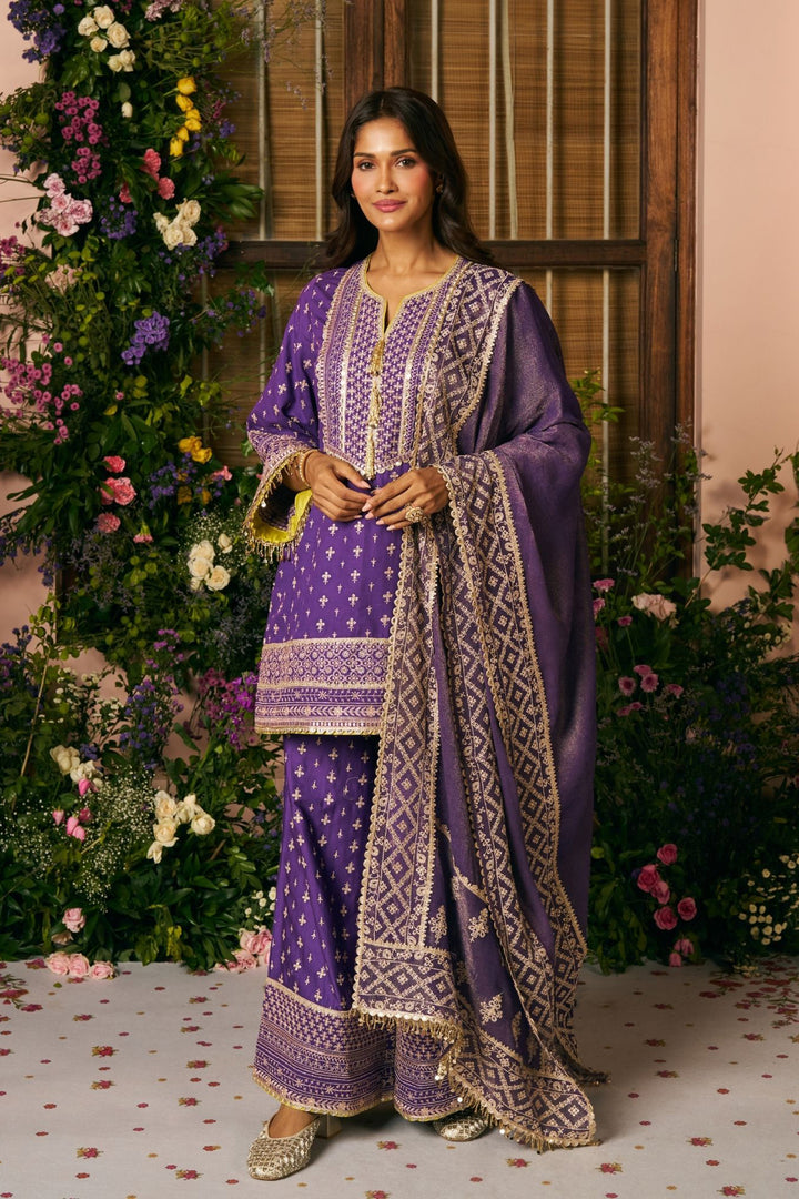 Laagi Pima Satin Purple Kurta Set With Laagi Dupatta