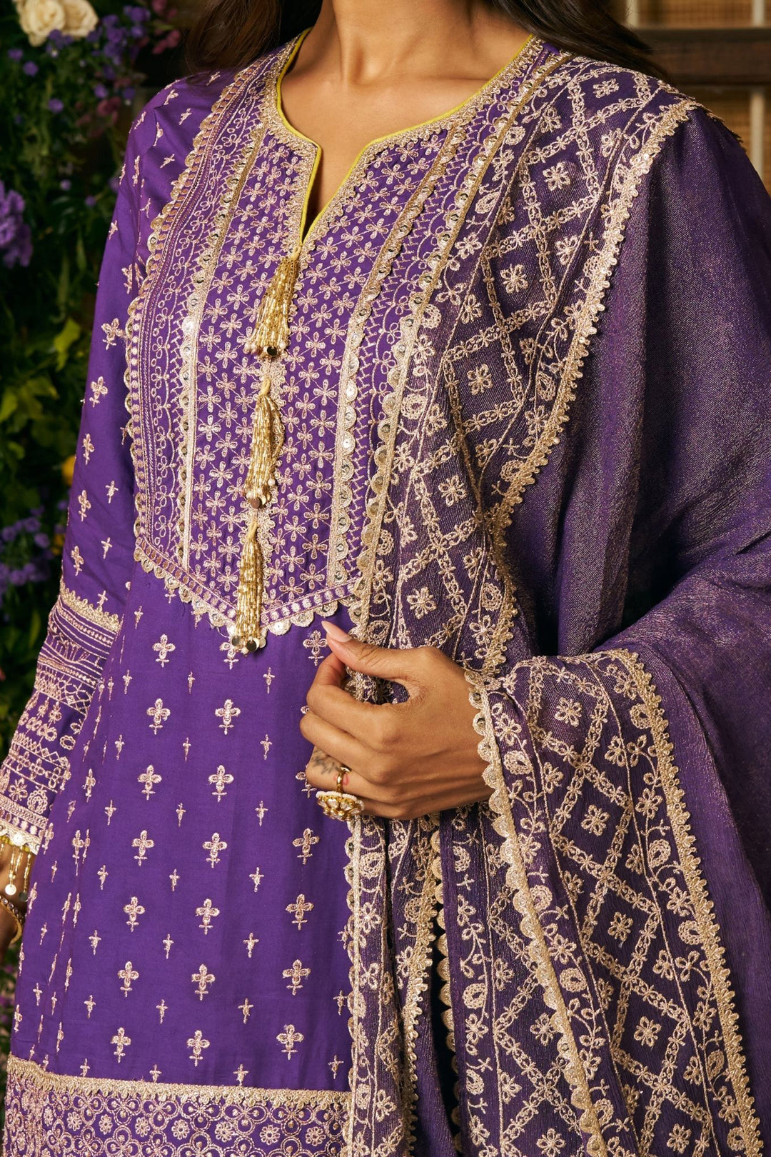 Laagi Pima Satin Purple Kurta Set With Laagi Dupatta