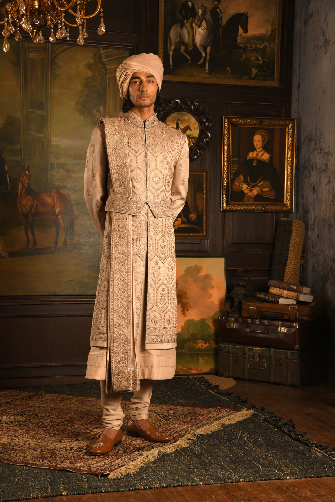 Gilded Geometric: Rose Gold Sherwani Of Contemporary Opulence