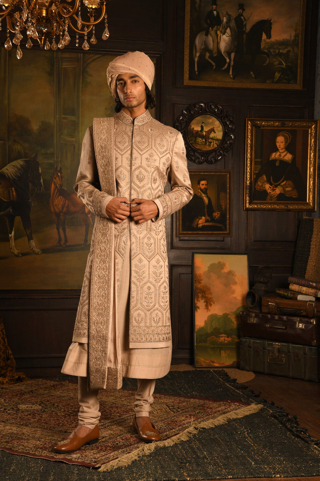 Gilded Geometric: Rose Gold Sherwani Of Contemporary Opulence