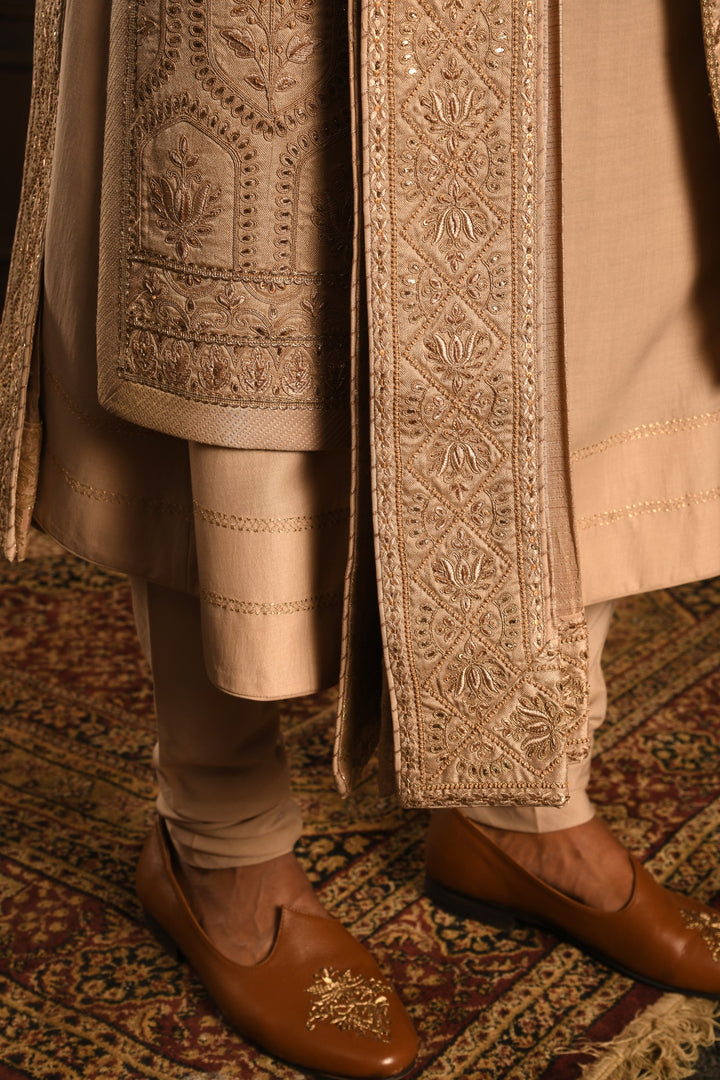 Gilded Geometric: Rose Gold Sherwani Of Contemporary Opulence