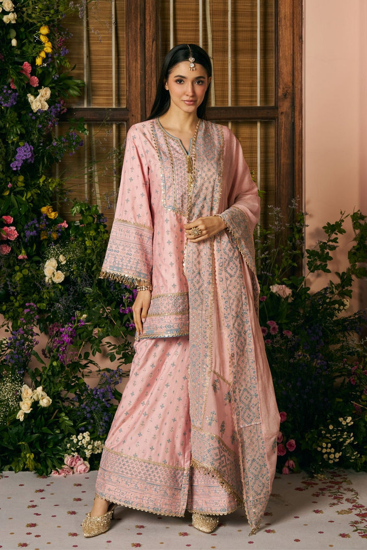 Laagi Pima Satin Pink Kurta Set With Laagi Dupatta