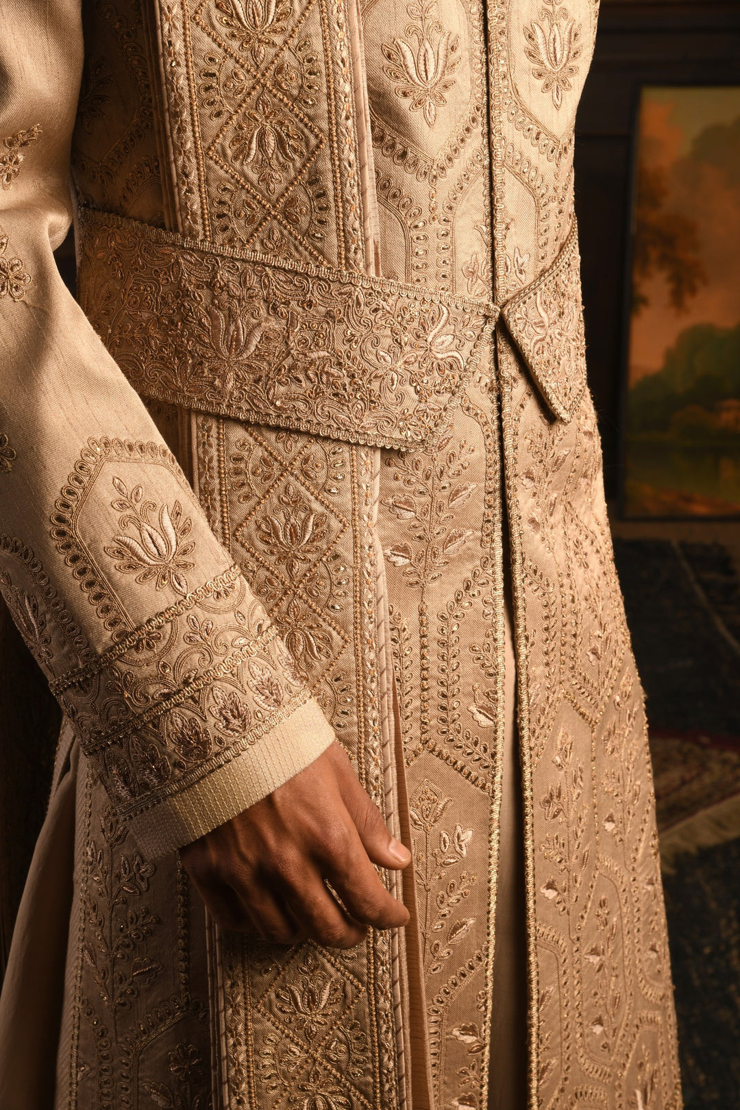 Gilded Geometric: Rose Gold Sherwani Of Contemporary Opulence