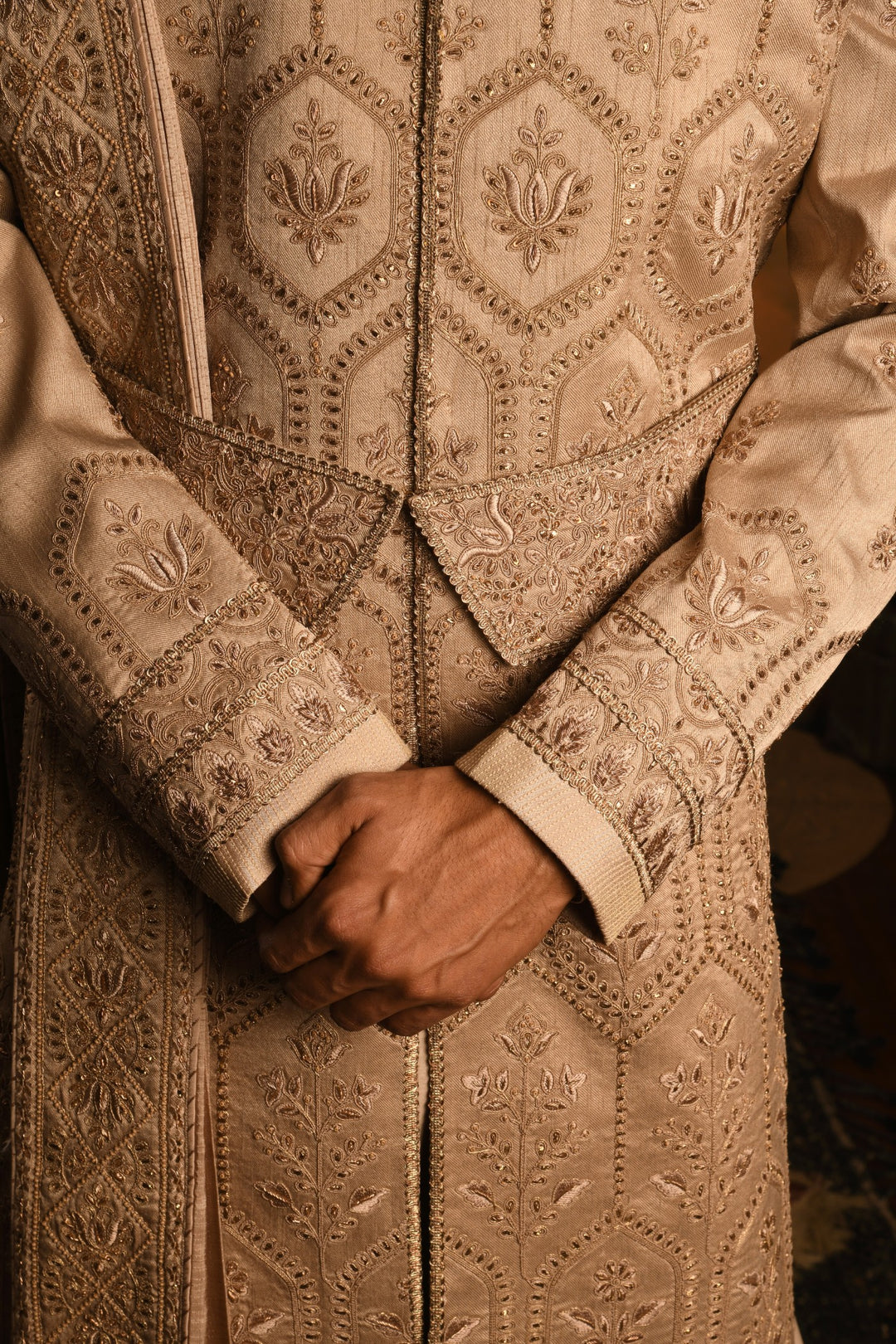 Gilded Geometric: Rose Gold Sherwani Of Contemporary Opulence