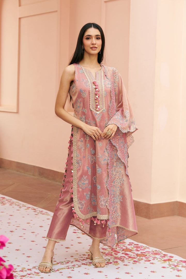 Gulkar Tissue Light Pink Kurta Set With Gulkar Dupatta